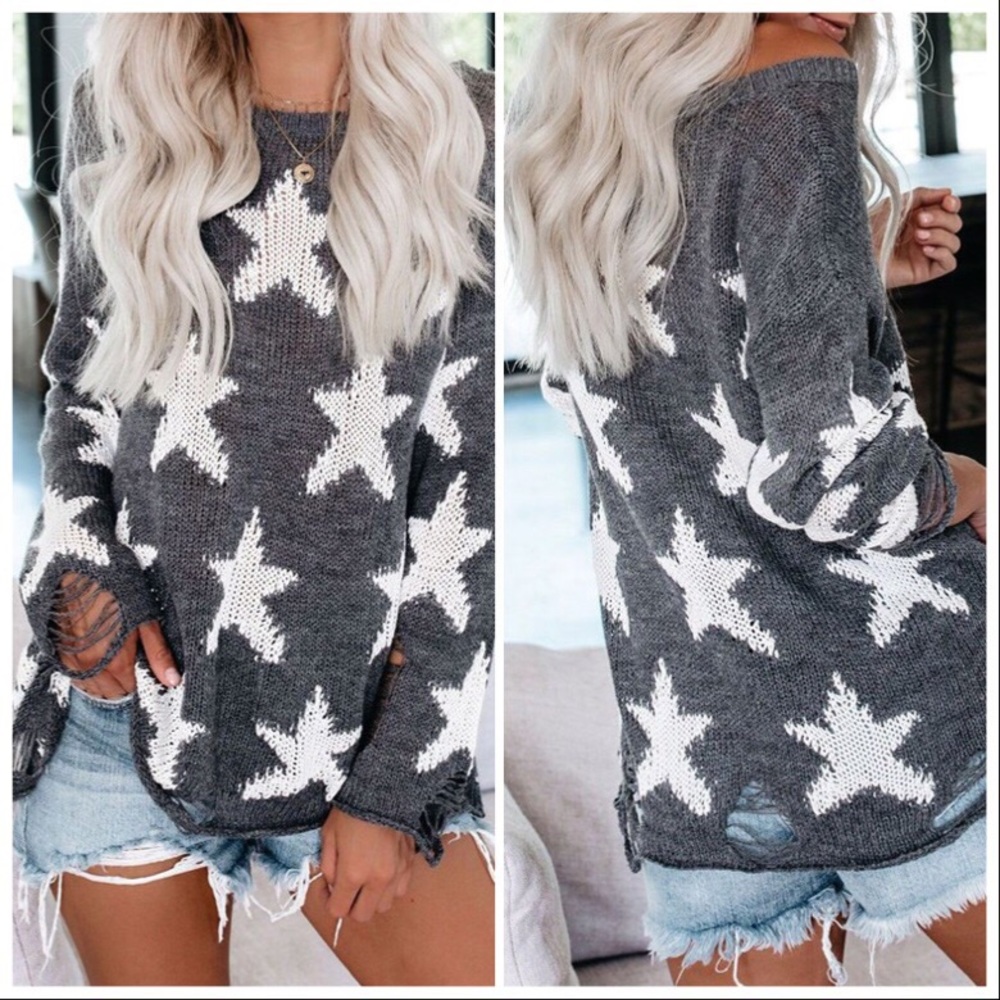 RESTOCK!JUST IN‼️GREY STAR distressed - sweater